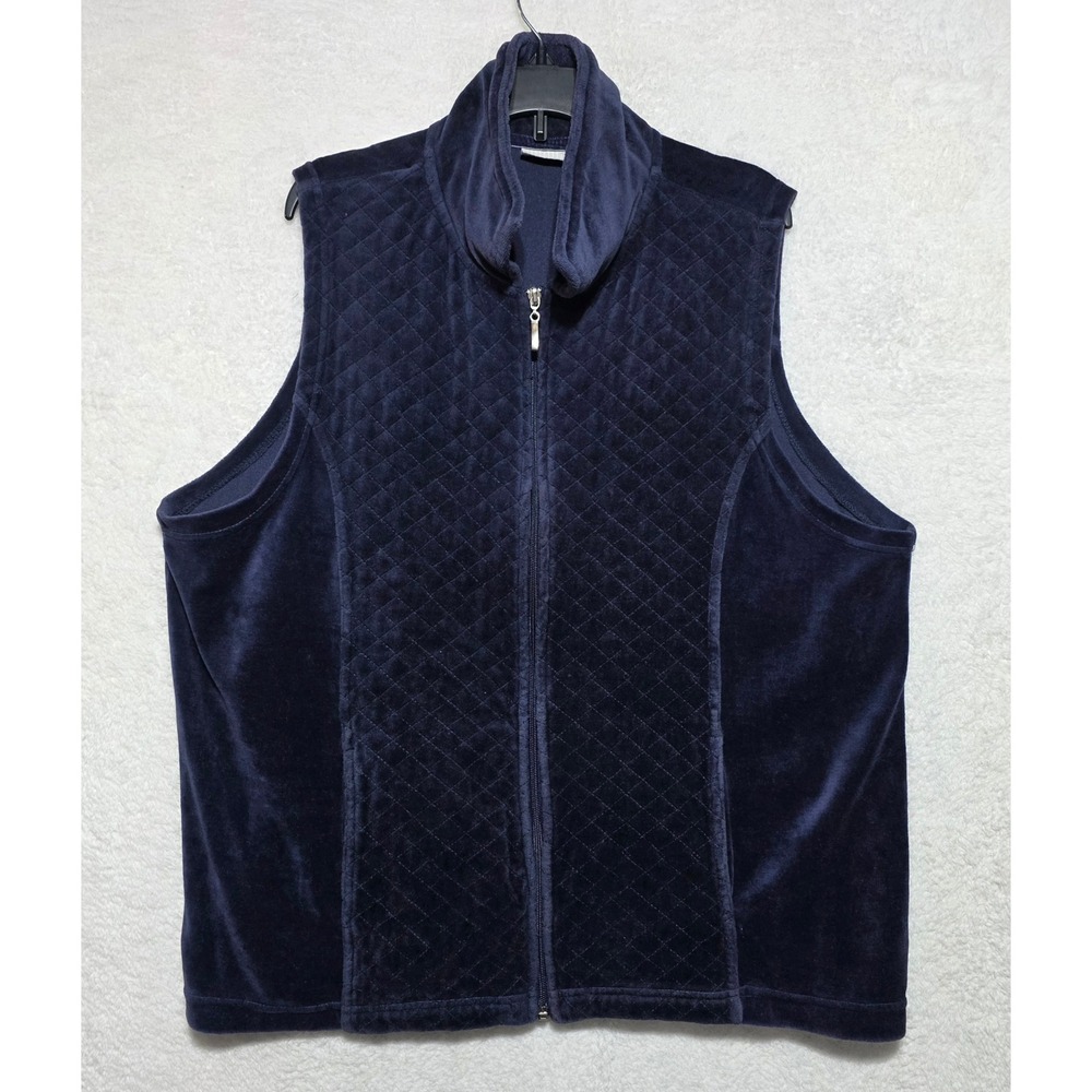 White Stag Women's Velour Navy Blue Quilted Zip Up Mock Neck Vest XL 16/18